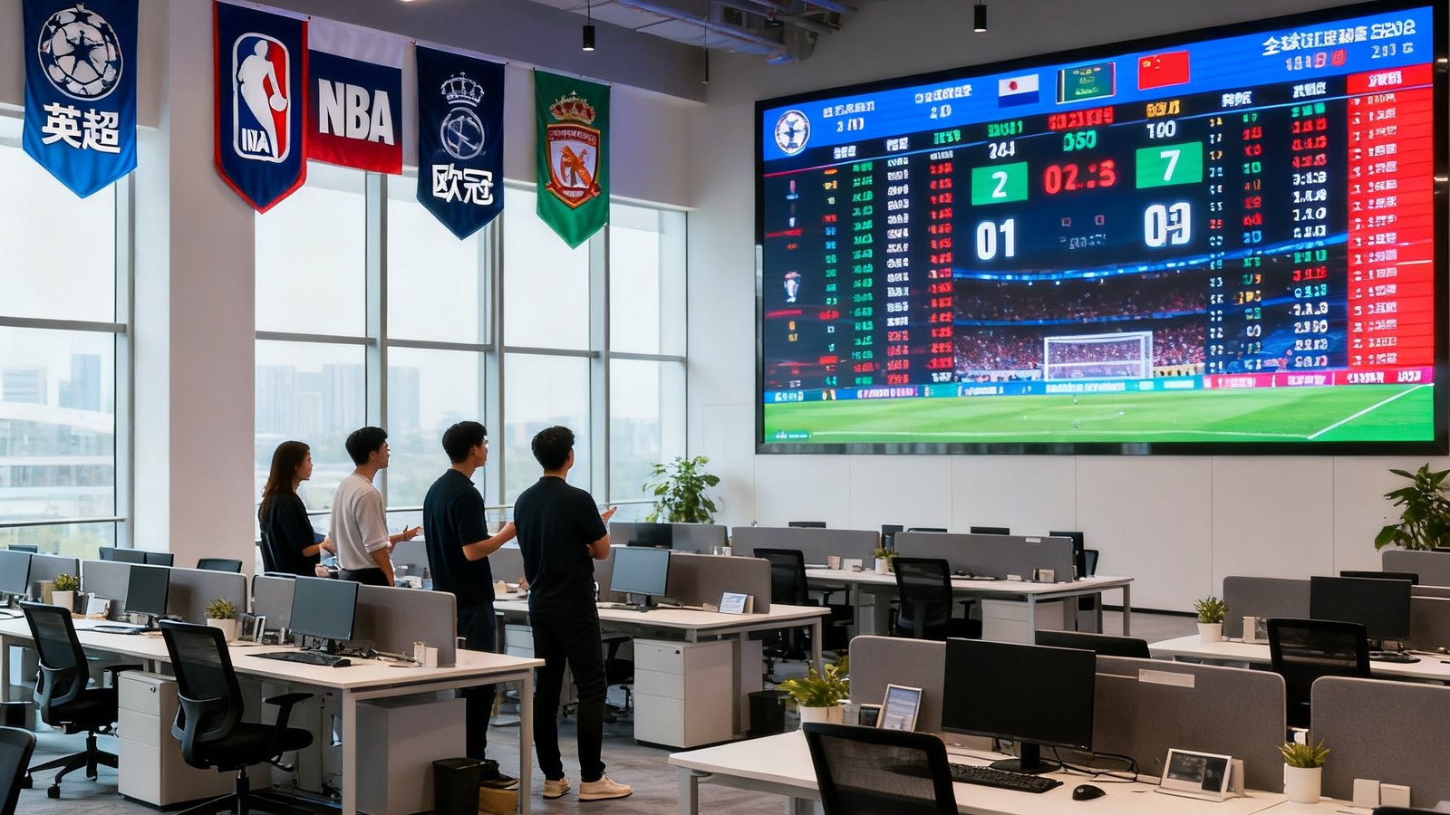 看球吧北京总部开放式办公区实景：宽敞的办公空间内工位排列整齐，墙壁上悬挂着英超、NBA、欧冠等联赛旗帜，一面巨大的LED屏幕实时滚动显示全球赛事比分和数据，几位员工正在站立讨论